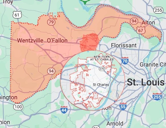 St. Charles County is in red with St. Charles sitting at the eastern border