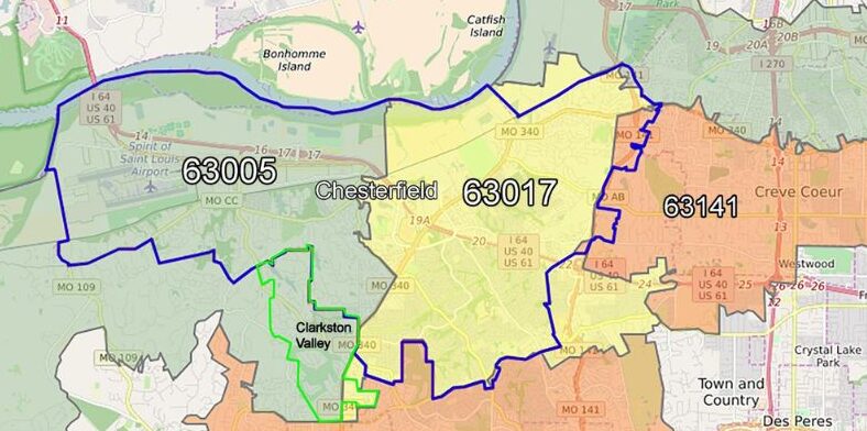 Chesterfield includes 63005, 63017, and a little bit of 63141