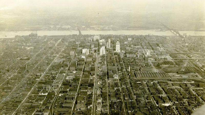 Aerial view of Olive Street running through Downtown, Sept 1928. Post-Dispatch archive photo