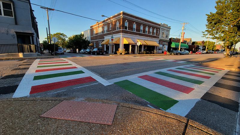 Decorated crosswalks at Shaw Ave and Marconi Ave